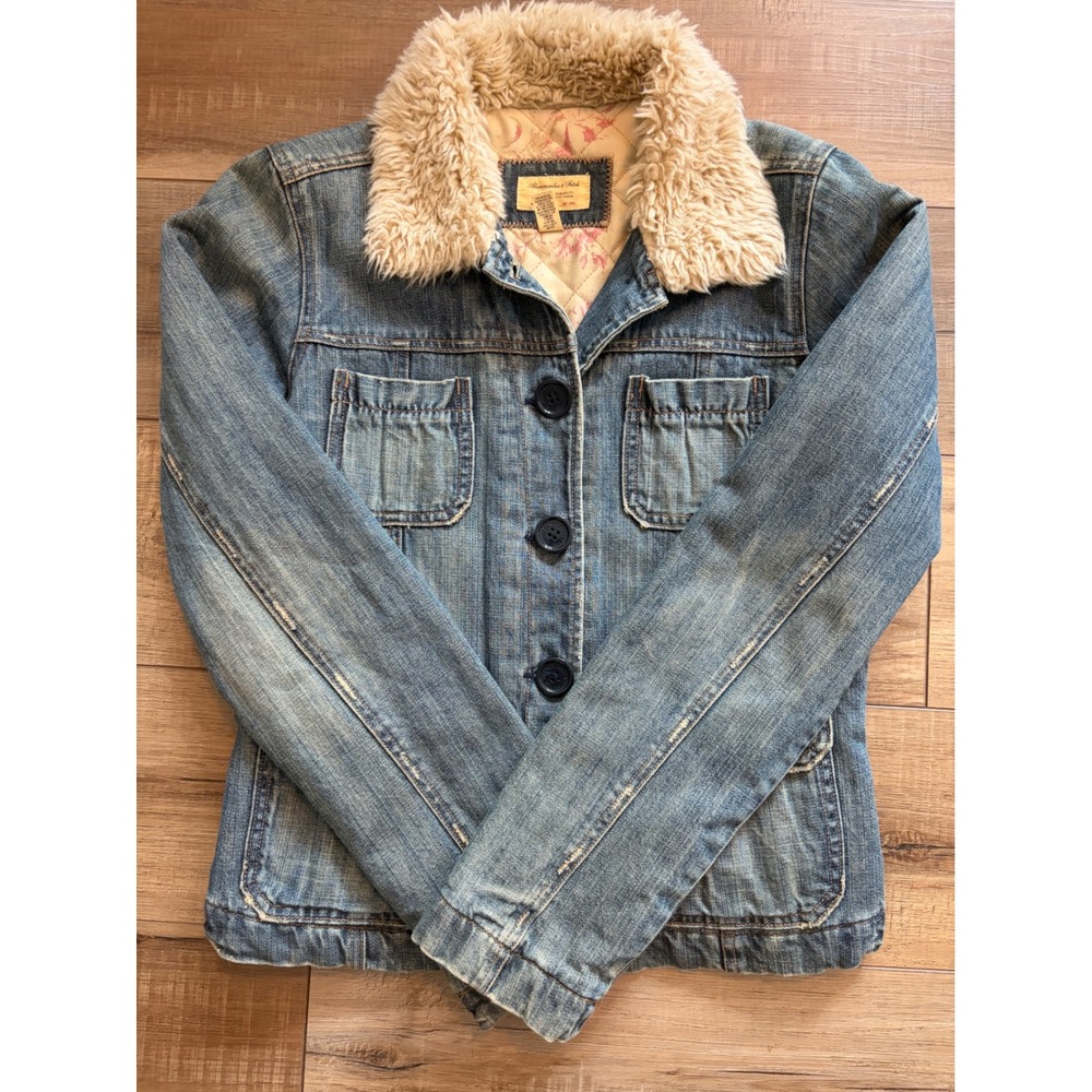 Vintage Abercrombie & Fitch Y2K Faux Fur Collar Denim Jacket Floral Lining M